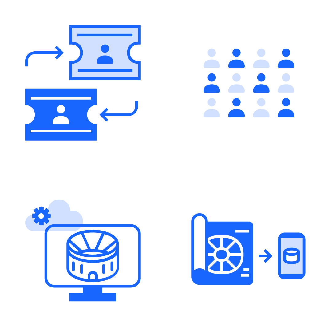Design system illustrations, featuring a ticket exchange, a crowd of people, a venue representation in a desktop screen, and a blueprint transfering data to a mobile phone